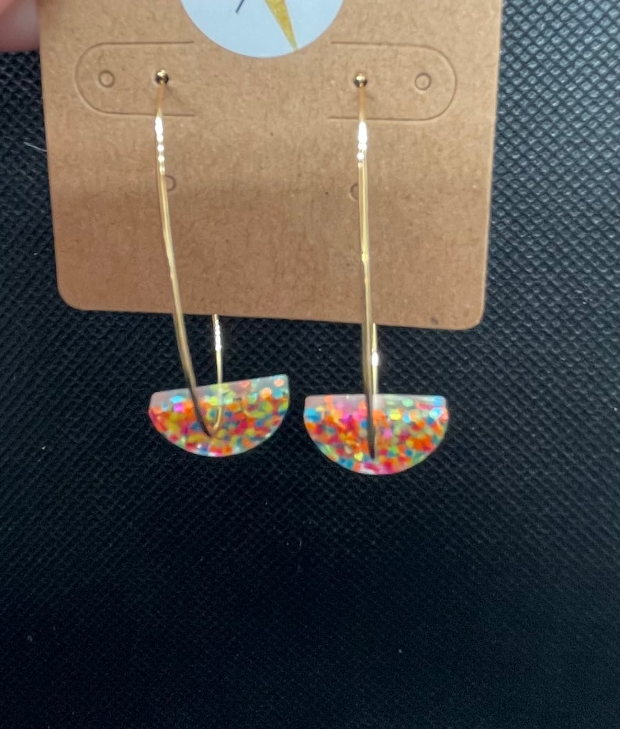 Neon rainbow glitter semi-circle hoop earrings