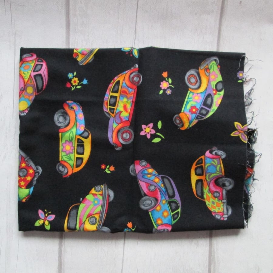 SOLD - Half Metre Nutex 'Herbie' Funky Flower Power Beetle Cars on Black