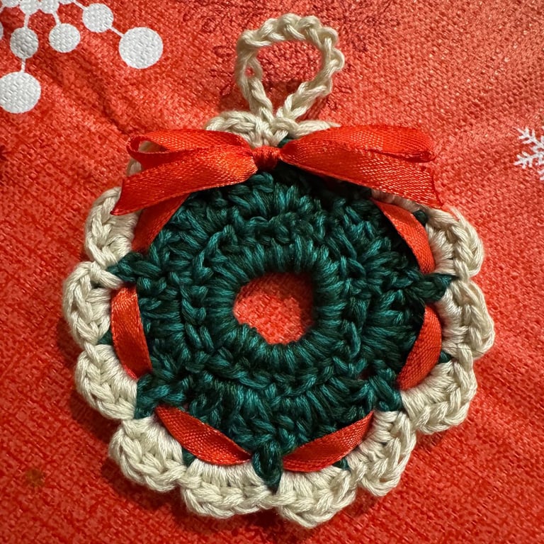 Handmade Red, White and Cream Mini Crochet Hanging Christmas Wreath