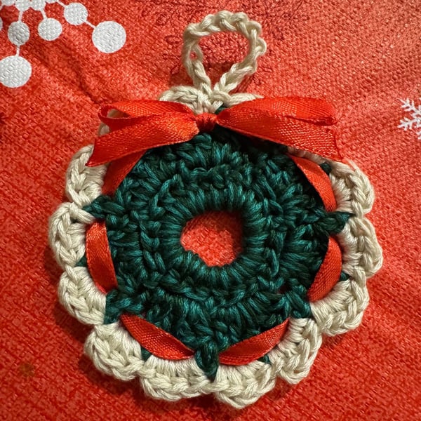 Handmade Red, White and Cream Mini Crochet Hanging Christmas Wreath