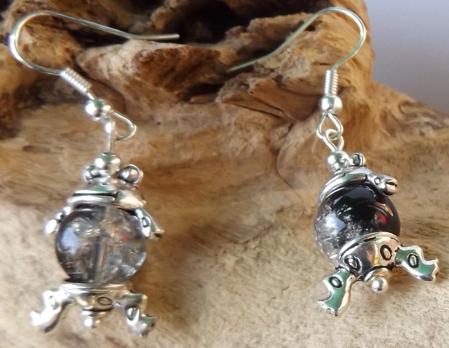 Frog charm dangle earrings crackle glass bead