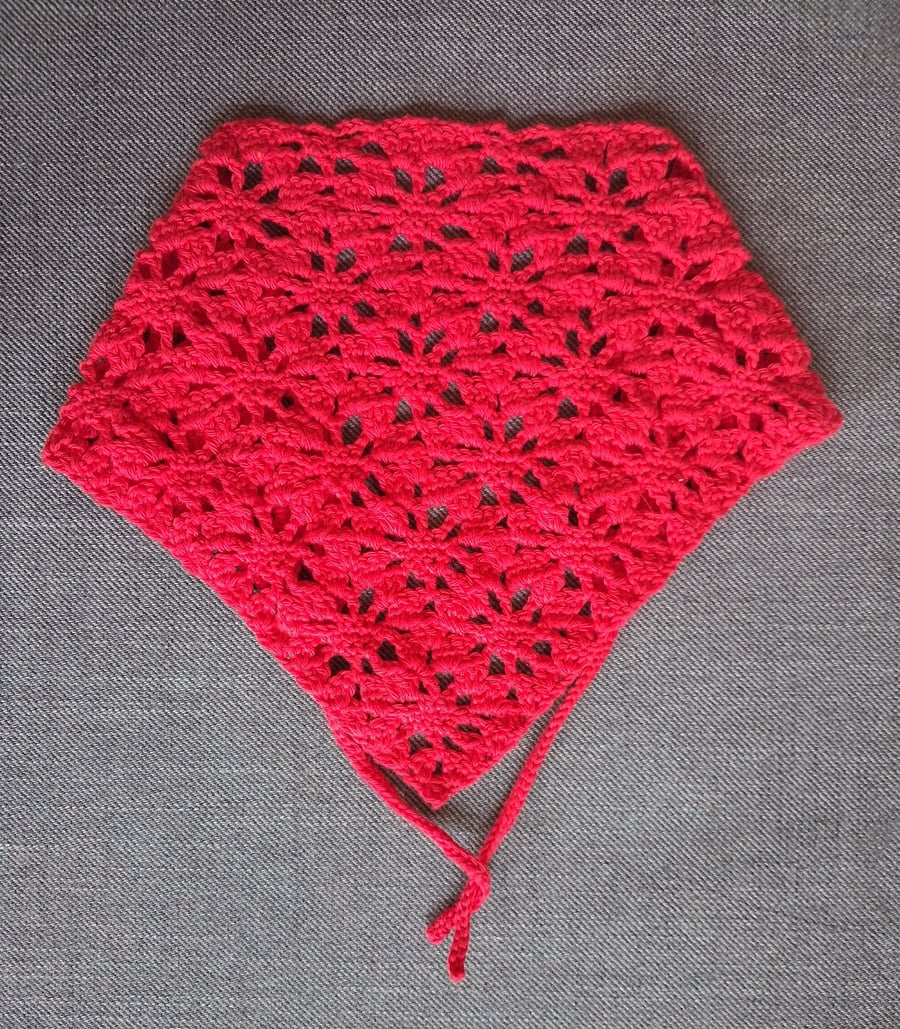Child's Bandana in Bright Red Floral Lace Design, Hand Crocheted in Cotton Yarn