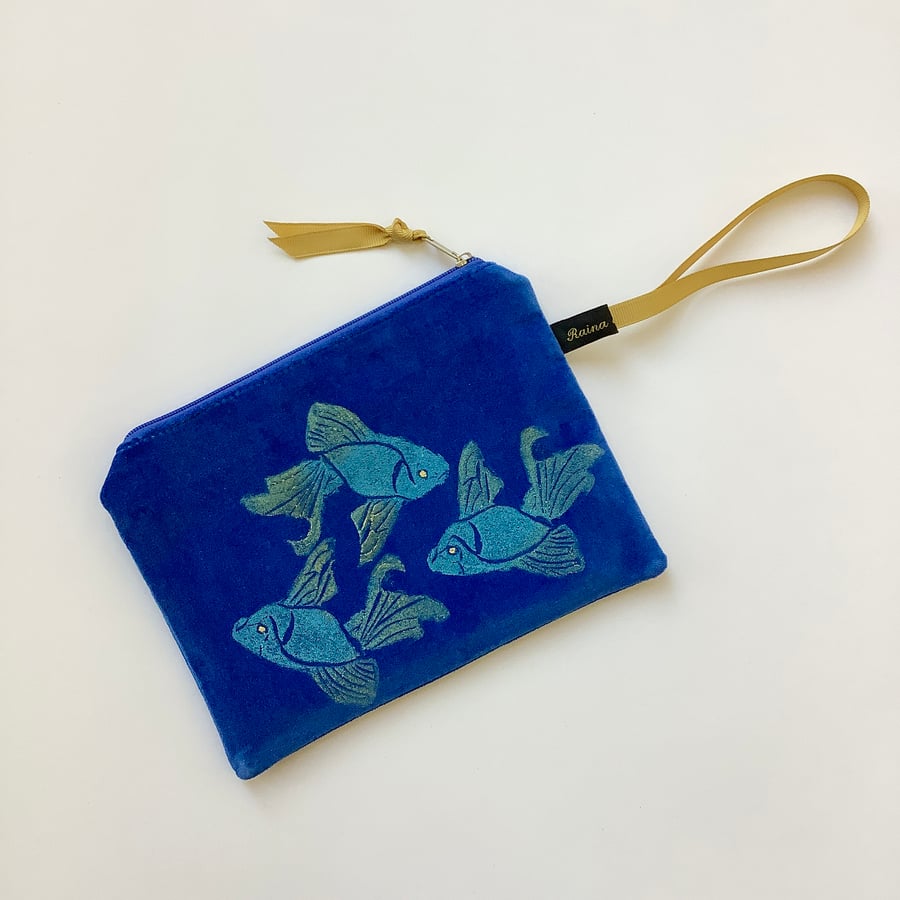 Royal Blue Koi Fish velvet zip-up pouch