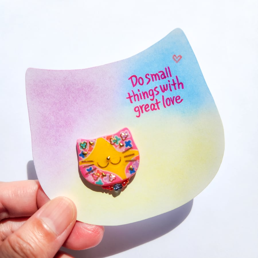 Hand-painted Cat Brooch with hand-coloured card