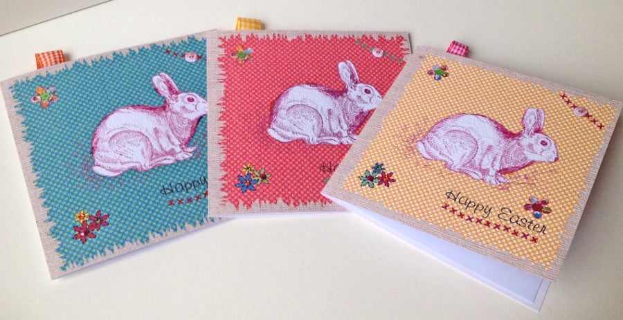 Easter Cards,Pk of 3 Printed Bunny Design,HandFinished Card.