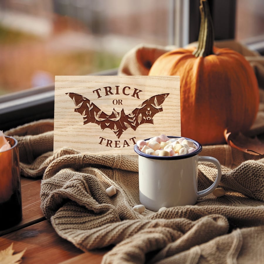 Trick or Treat Wooden Sign - Subtle, Minimal, Modern Halloween Plaque Home Decor