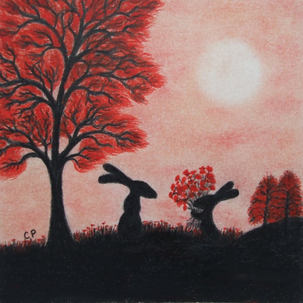 Bunny Card, Birthday Hare Art Card, Rabbit Flower Red Tree, Mother Daughter Card