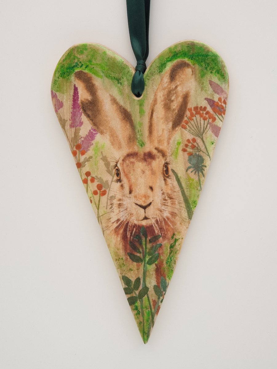 Hare - wooden heart hanging decoration 