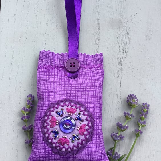 Hand Embroidered Blue Button Lavender Bag