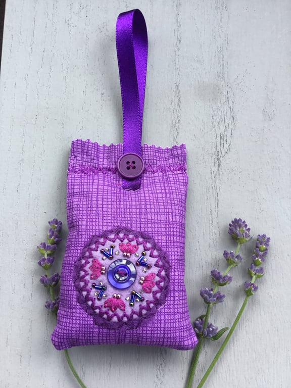 Hand Embroidered Blue Button Lavender Bag