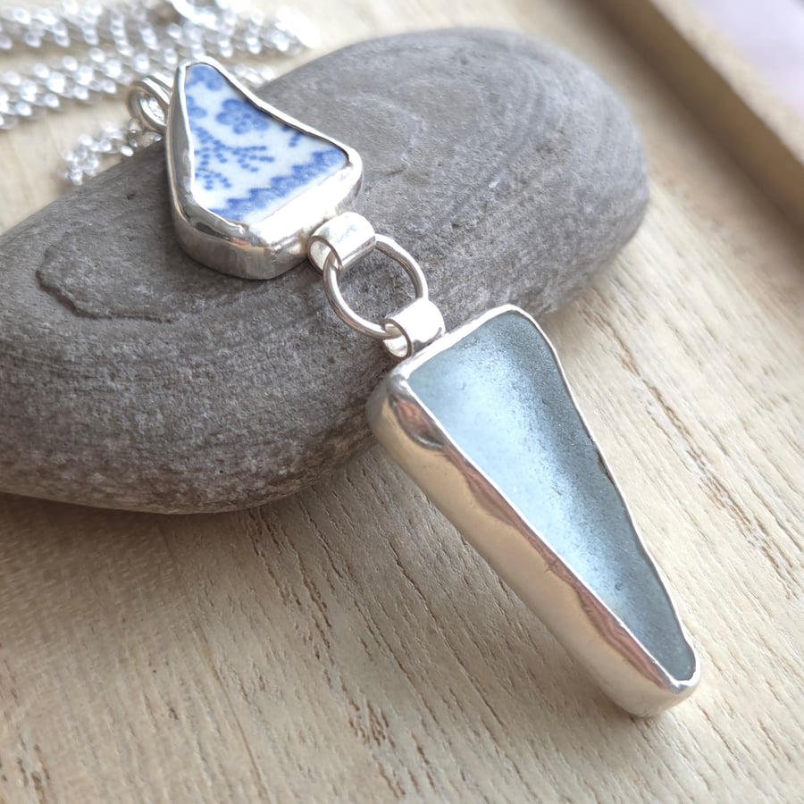 Seaglass and pottery triangle pendant, Blue and white pastel necklace