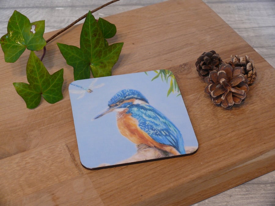 'Afternoon musing' Kingfisher, cork backed coaster