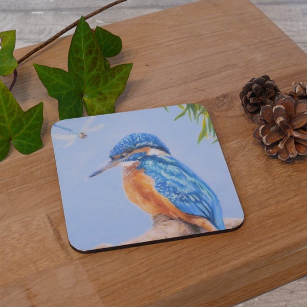 'Afternoon musing' Kingfisher, cork backed coaster