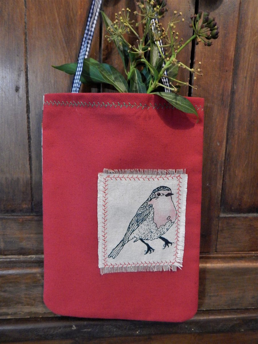 Robin  - Red Cotton Screen printed bag 19x29cm
