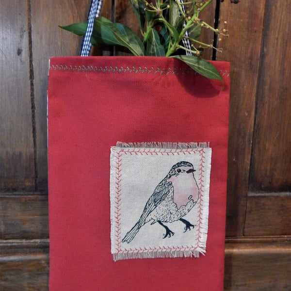 Robin  - Red Cotton Screen printed bag 19x29cm