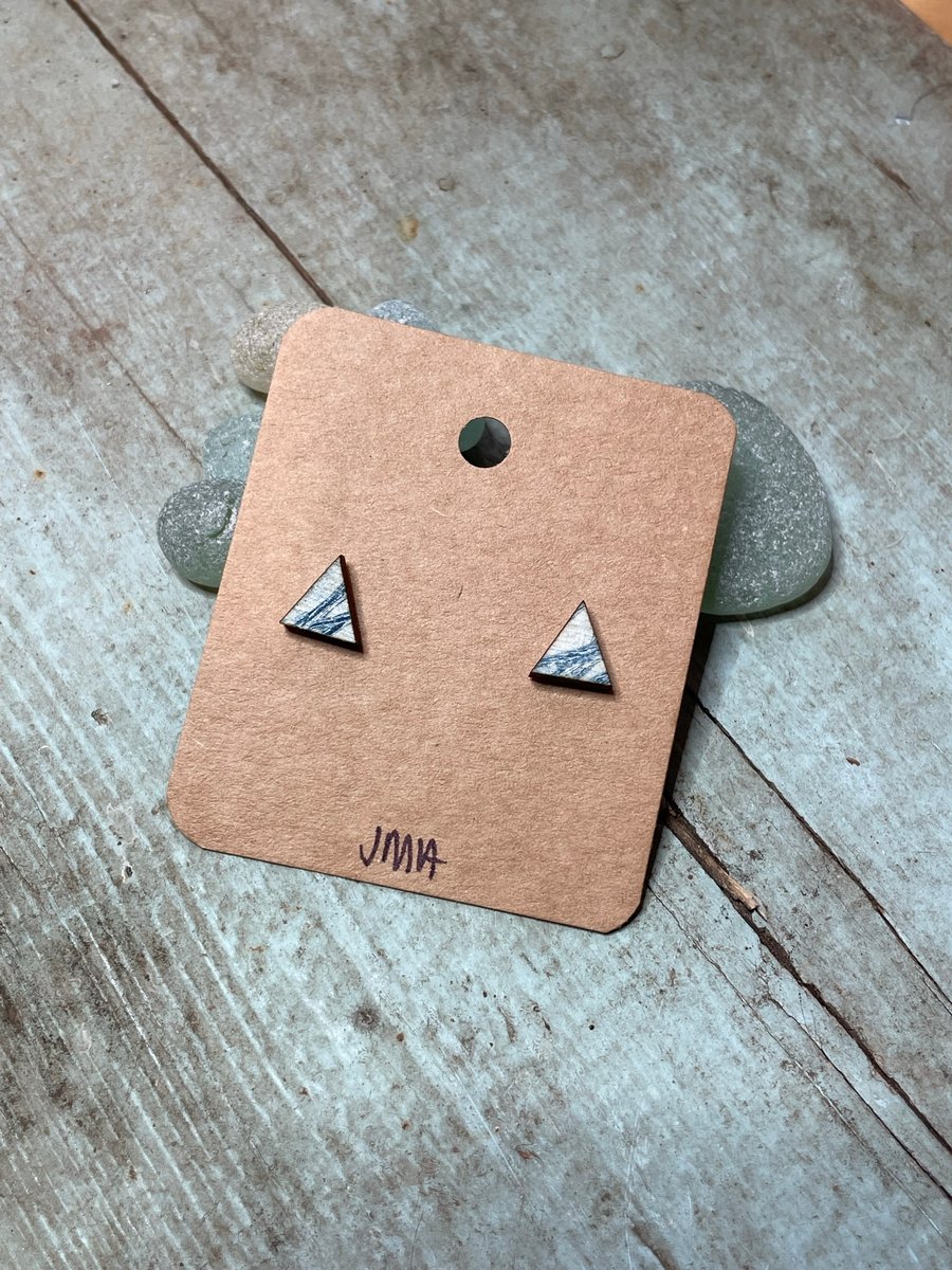 Triangle shape wooden print stud earrings handmade