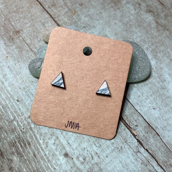 Triangle shape wooden print stud earrings handmade