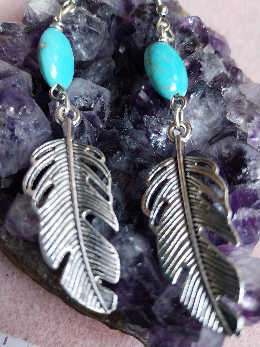 Handmade Silver Plated Feather and Turquoise Earrings 