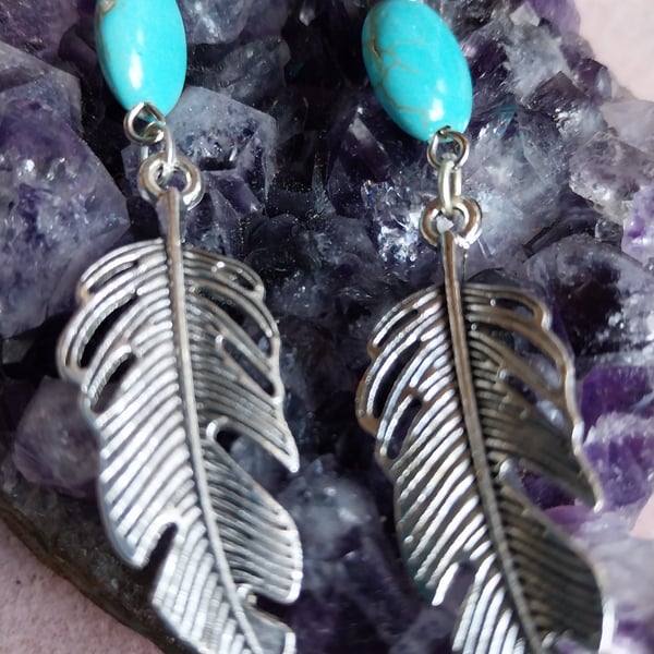 Handmade Silver Plated Feather and Turquoise Earrings 