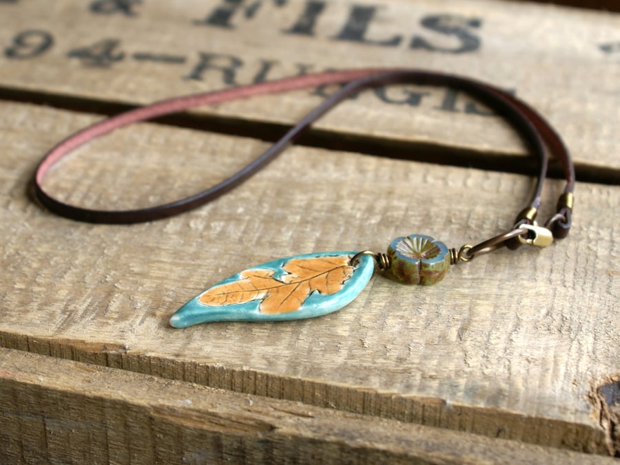 Leather & Ceramic Leaf Necklace