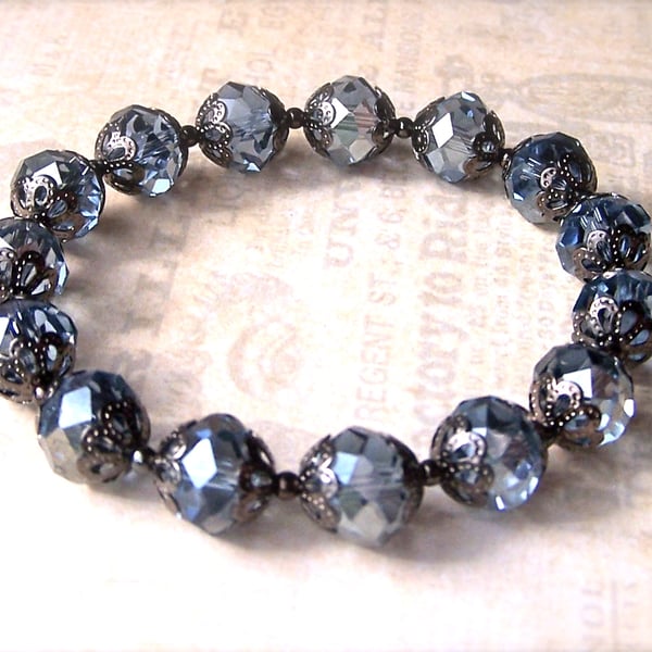 Montana Blue Bracelet, Crystal Beads, Vintage Style, Bridesmaid Gift