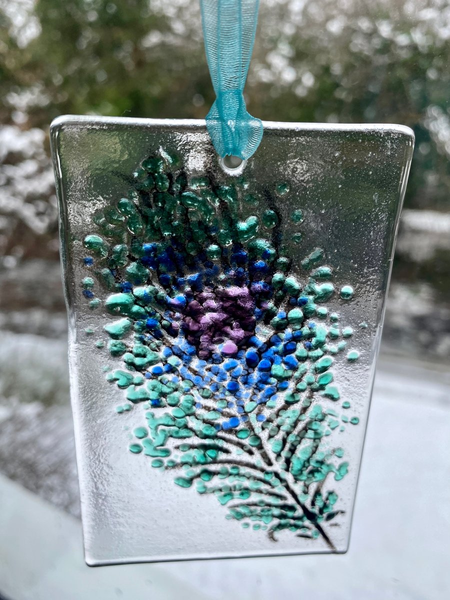 Fused glass lightcatcher with peacock feather