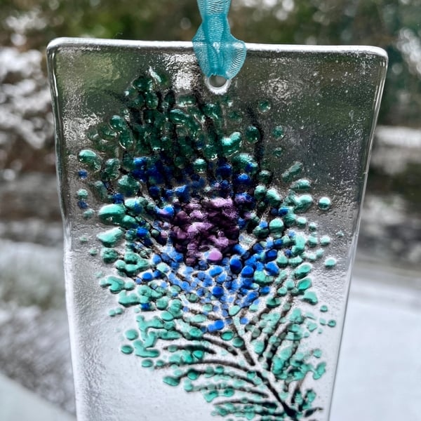 Fused glass lightcatcher with peacock feather