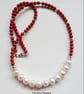 Red Bamboo Coral & Baroque Freshwater Culture Pearl Sterling Silver Necklace  - Image 3