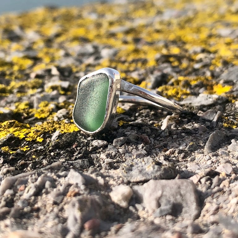 Sage Green Twist Sea Glass and Sterling Silver Ring- Size O - 1310
