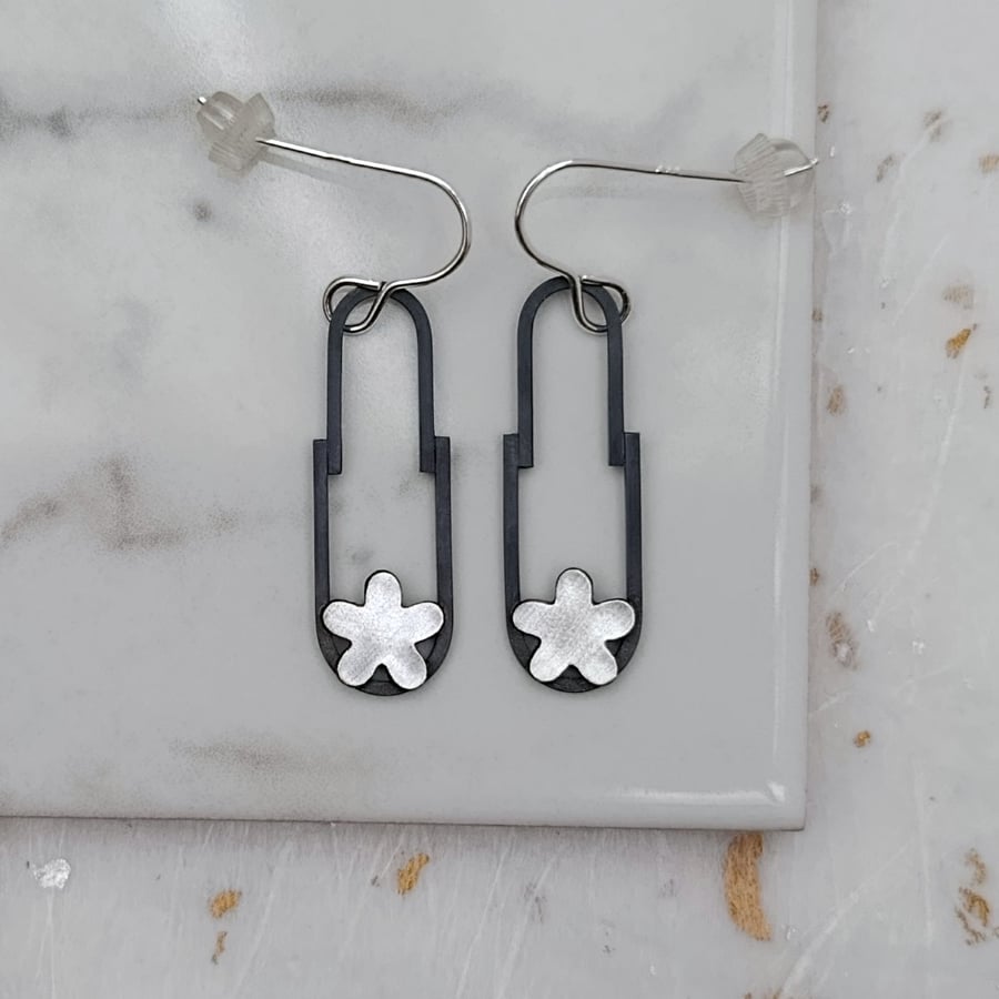 Oxidised Sterling Silver Flower And Wire Drop Earrings 