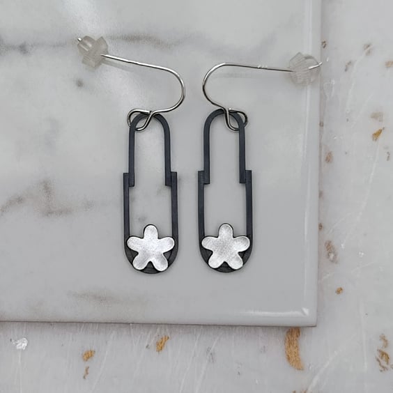 Oxidised Sterling Silver Flower And Wire Drop Earrings 