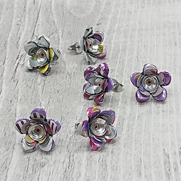 Recycled Flower Stud Earrings –Drink Can Aluminium – Pink and Purple Tones