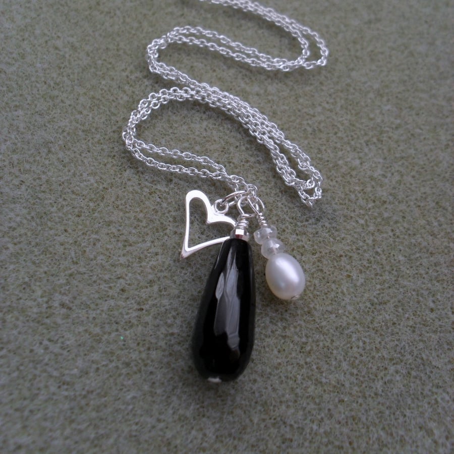 Sterling Silver Black Onyx Drop Pendant With Heart Charm