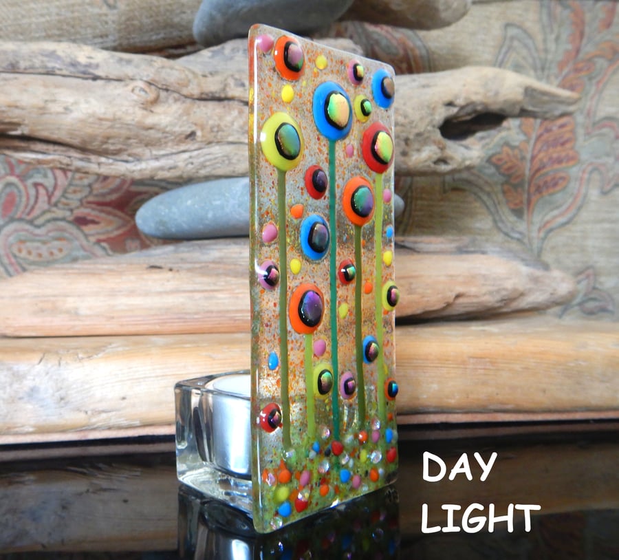 Handmade Fused Glass 'Flowers' T Light Holder