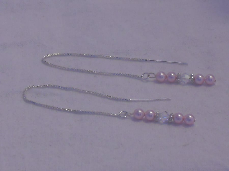 Pink pearl and crystal thread earrings
