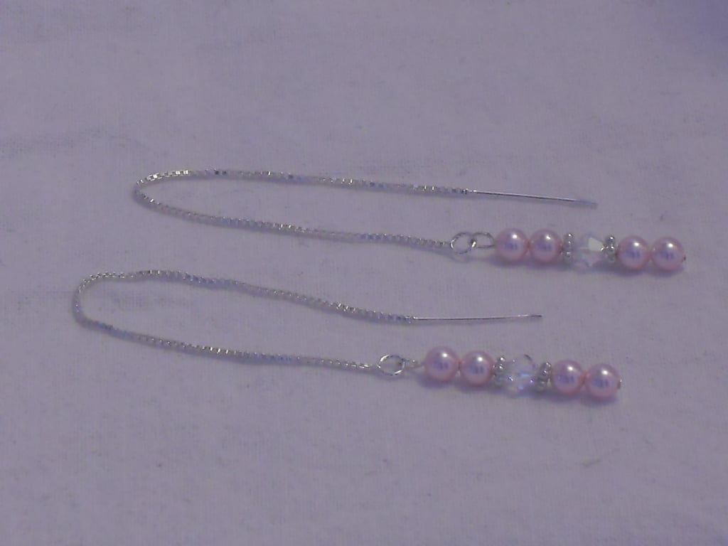 Pink pearl and crystal thread earrings
