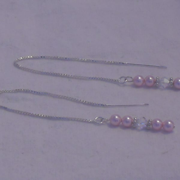 Pink pearl and crystal thread earrings