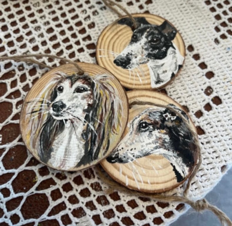 Pet portrait  (dog, cat, bird etc ) painted on a log slice