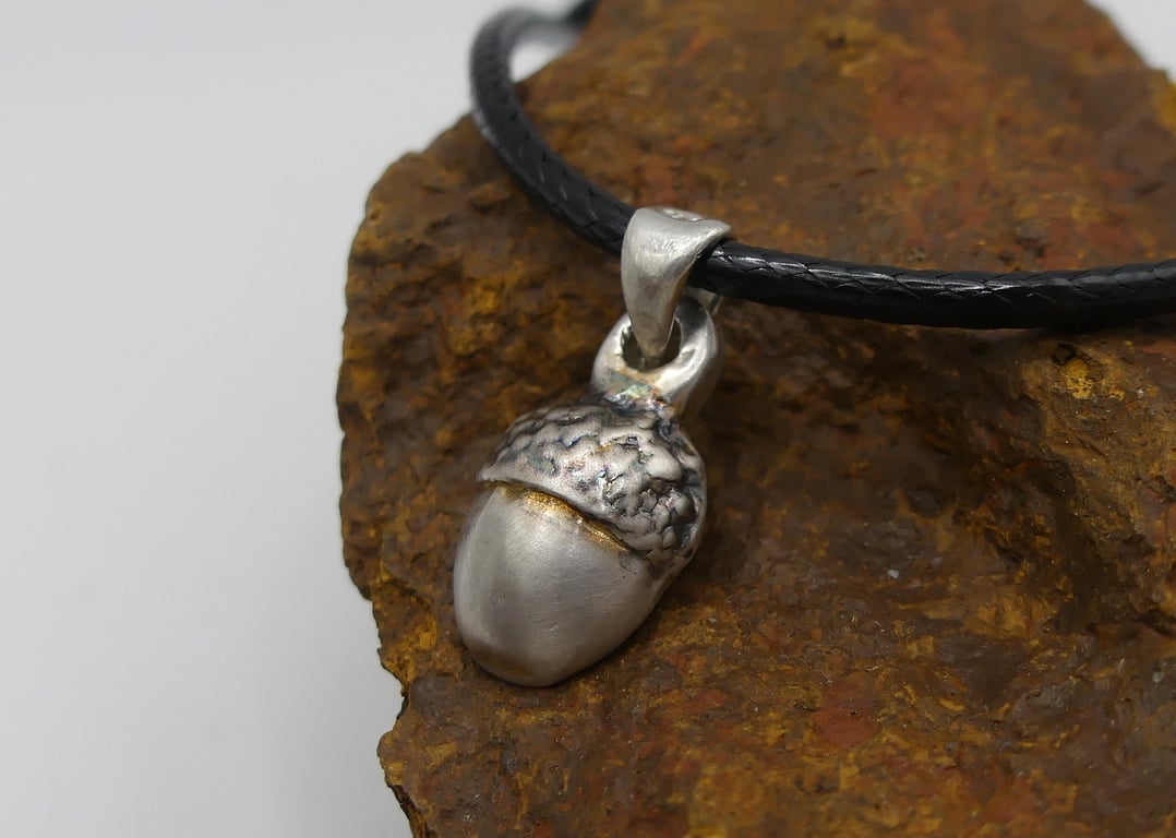 Recycled Sterling Silver Real Acorn Mould Pendant Waxed Cotton Cord Necklace.