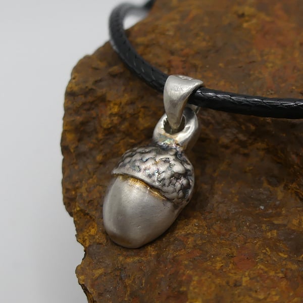Recycled Sterling Silver Real Acorn Mould Pendant Waxed Cotton Cord Necklace.