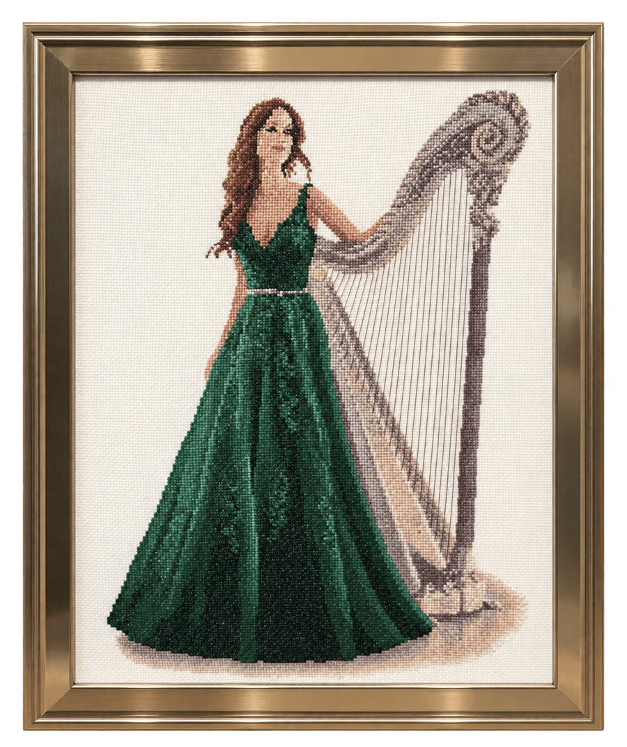 Darcy by John Clayton – Completed Lady with Harp Cross-Stitch in Gold Frame