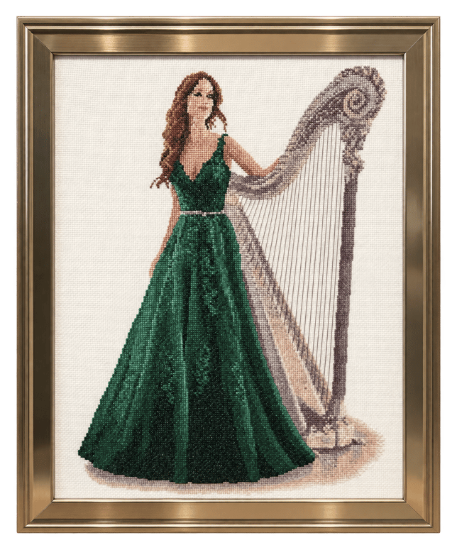Darcy by John Clayton – Completed Lady with Harp Cross-Stitch in Gold Frame