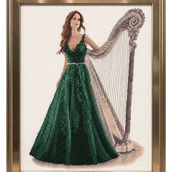 Darcy by John Clayton – Completed Lady with Harp Cross-Stitch in Gold Frame