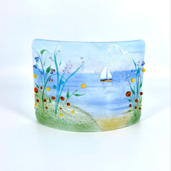 Curved Glass Panel - Sea Scene with Wild Flowers