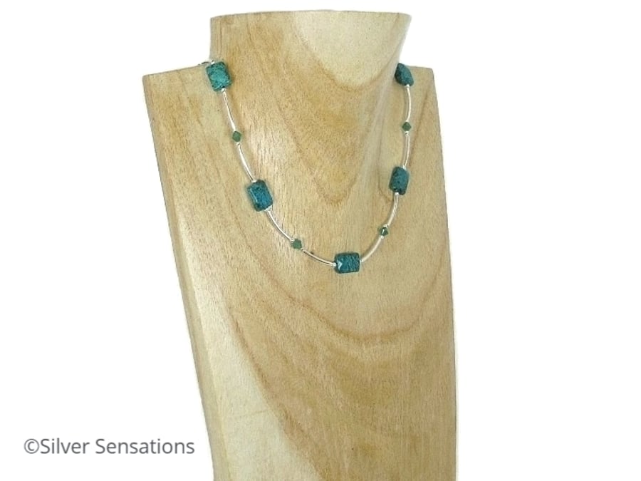 Faceted Green Chrysocolla Jasper, Premium Crystals & Sterling Silver Necklace