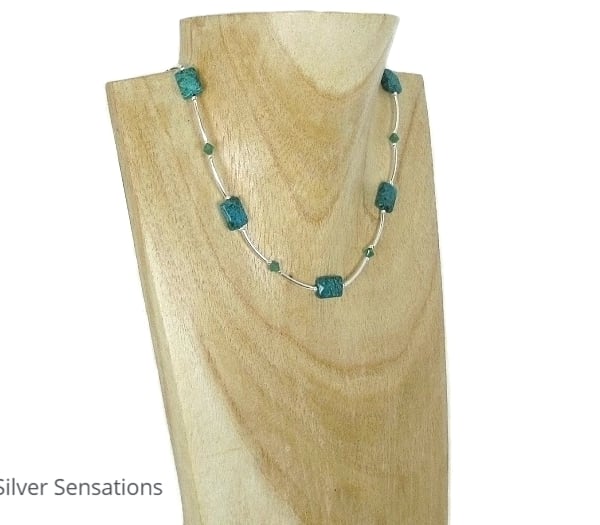Faceted Green Chrysocolla Jasper, Premium Crystals & Sterling Silver Necklace