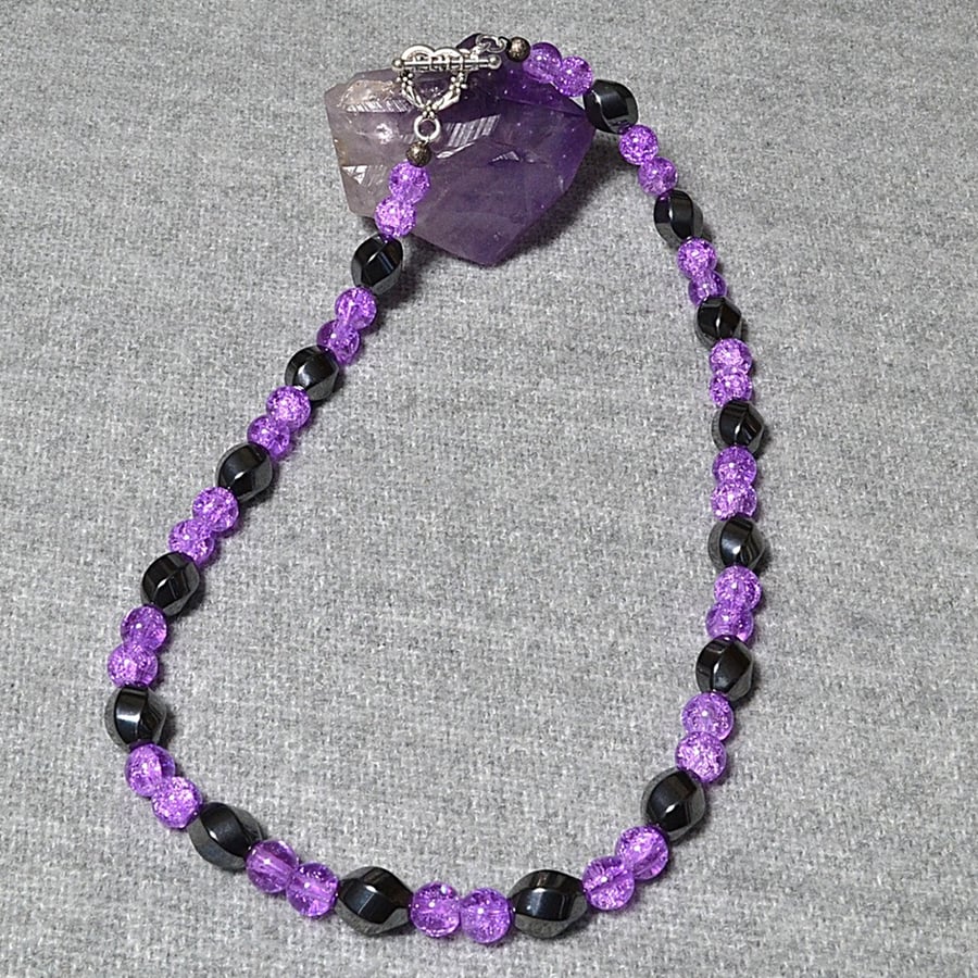 Purple Crackle Glass and Hematite Swirl Necklace
