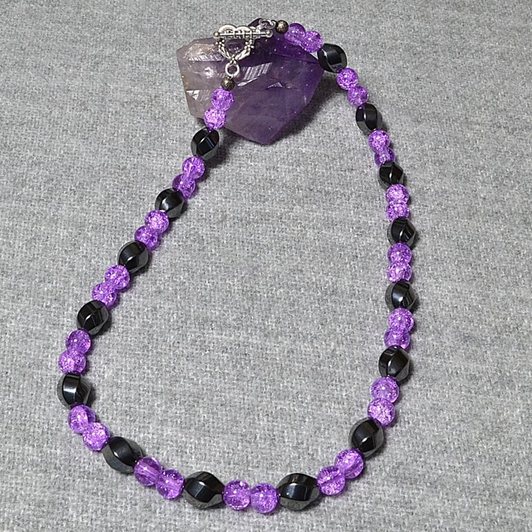 Purple Crackle Glass and Hematite Swirl Necklace