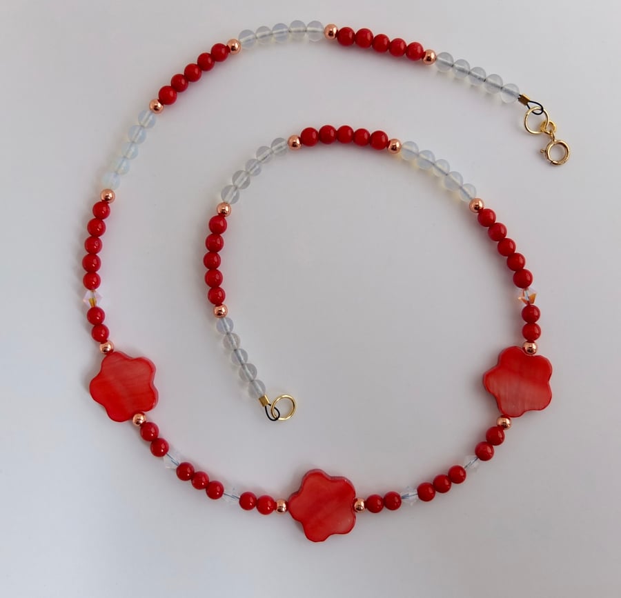 Mother Of Pearl Flowers, Swarovski Crystals, Bamboo Coral & Opal Quartz Necklace