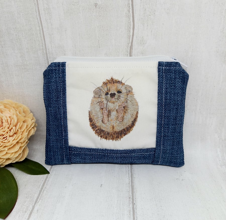 Hedgehog purse, Blue large coin purse, Hedgehog Gifts, Animal zip pouch